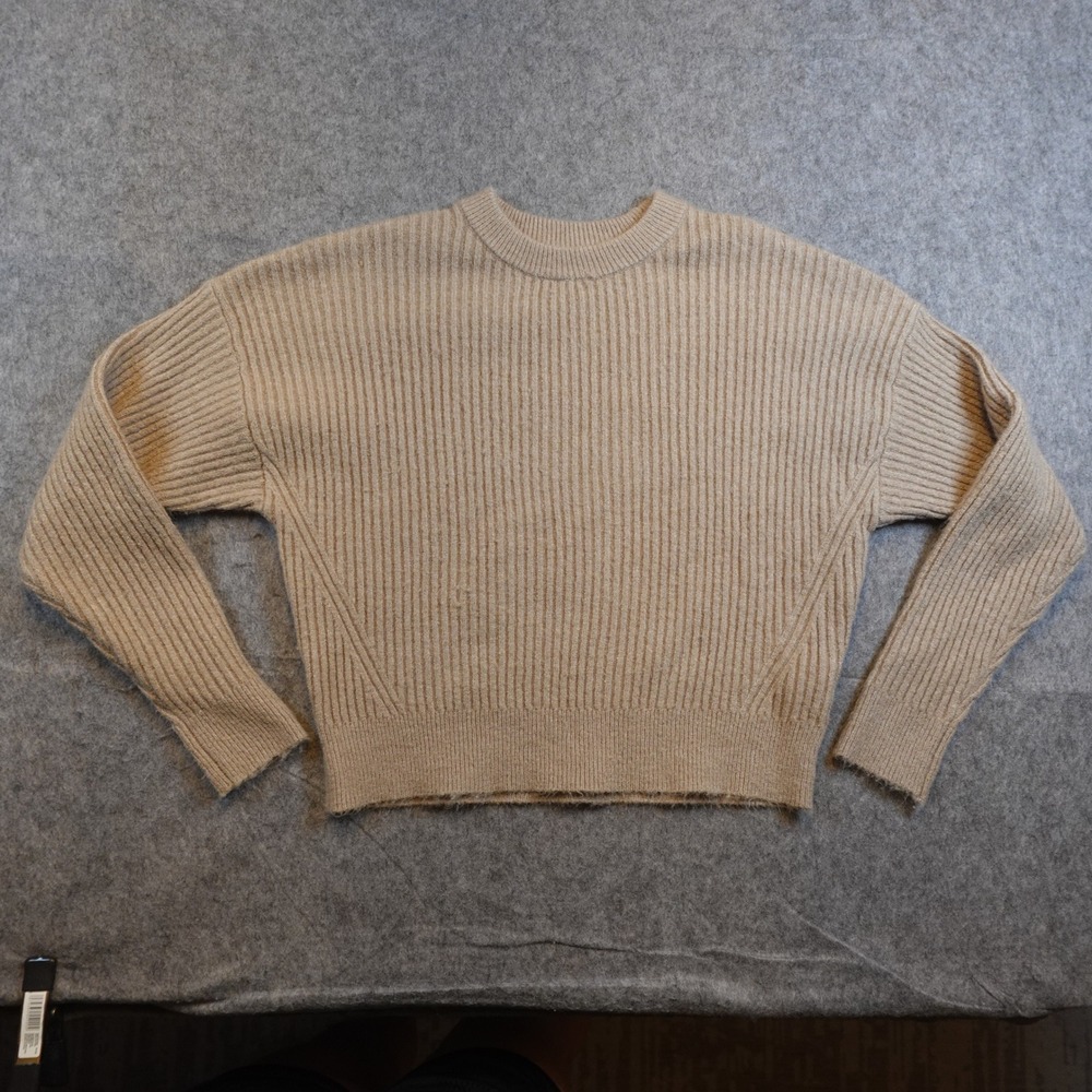 Elodie Sweater Women Small Tan Ribbed Knit Crewneck Long Sleeve Minimalist